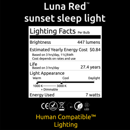 TrueLight Luna Red Sunset Light Bulb Lighting Facts Sheet
