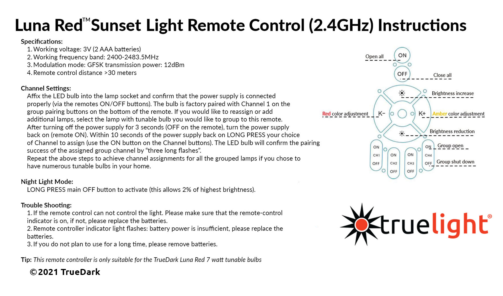 TrueLight Luna Red Sunset Bulb Light Remote Control Instructions