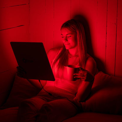 Young woman using the TrueLight® Energy Square 2.4 for red light therapy