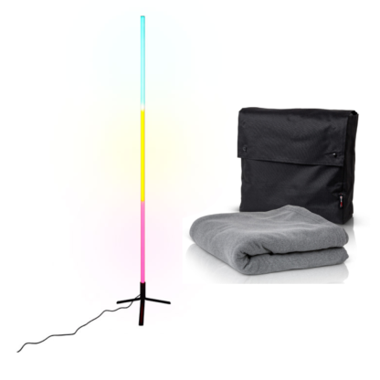 Image of an illuminated Luna Red® Luminaire and a Luna Red® IR+FIR Blanket with storage bag.